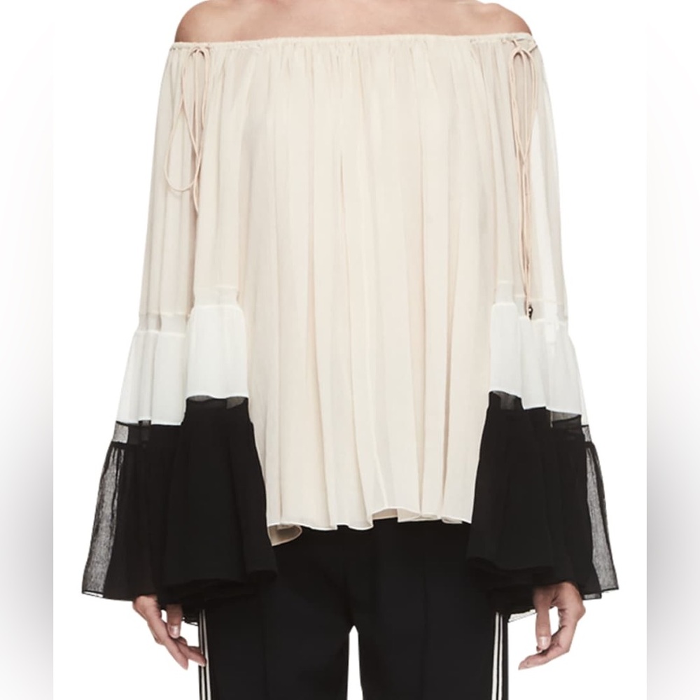 NWT CHLOE Size XS/34 Tricolor Off-the-Shoulder Silk Blouse, Nude/Black